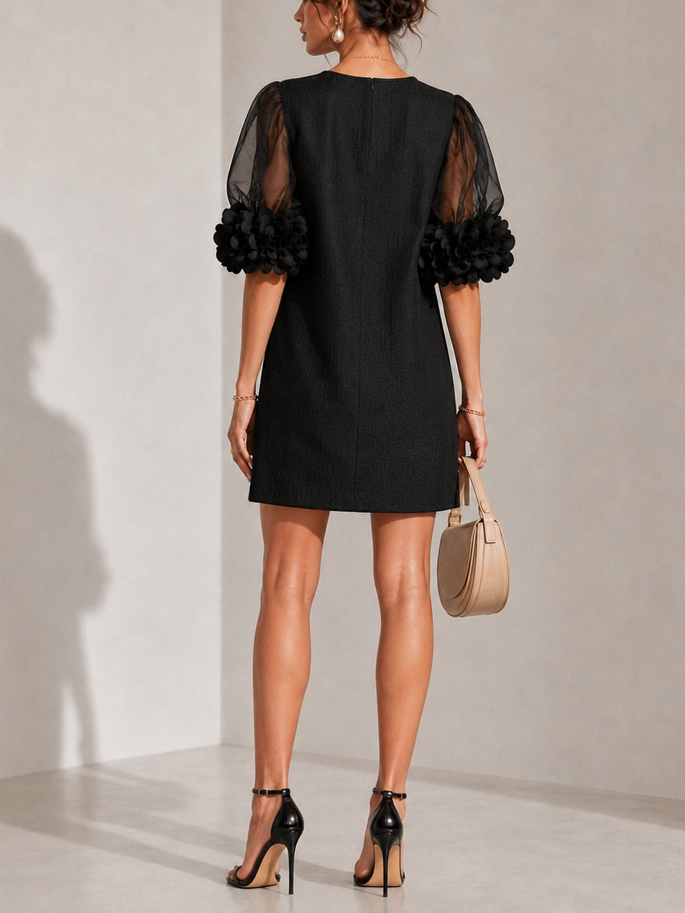 Elegant Short Dress with Sheer Sleeves and Floral Appliqué Detail 3