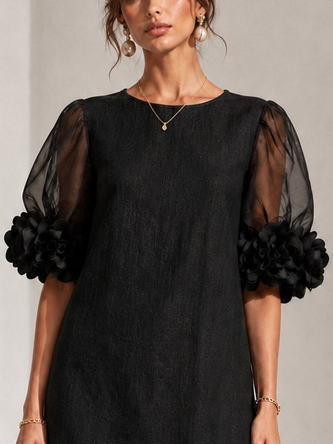 Elegant Short Dress with Sheer Sleeves and Floral Appliqué Detail 5