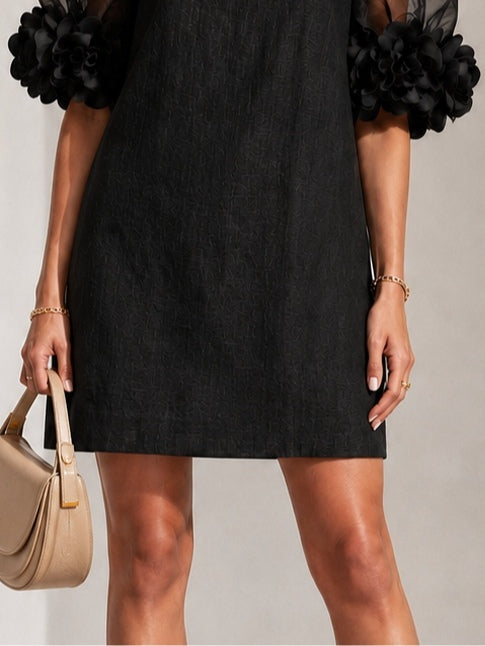 Elegant Short Dress with Sheer Sleeves and Floral Appliqué Detail 6
