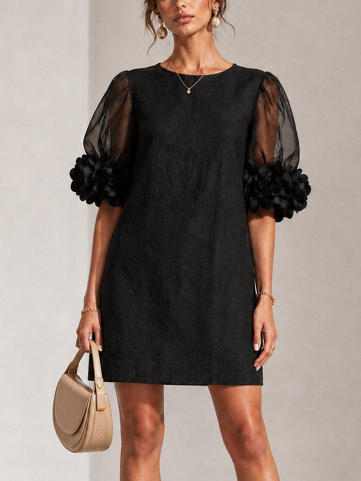 Elegant Short Dress with Sheer Sleeves and Floral Appliqué Detail 1