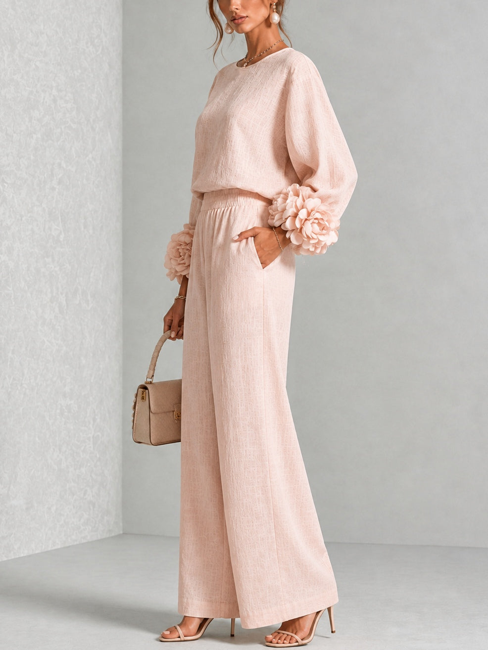 Elegant Two-Piece Set with Statement Sleeves and Wide-Leg Pants 10