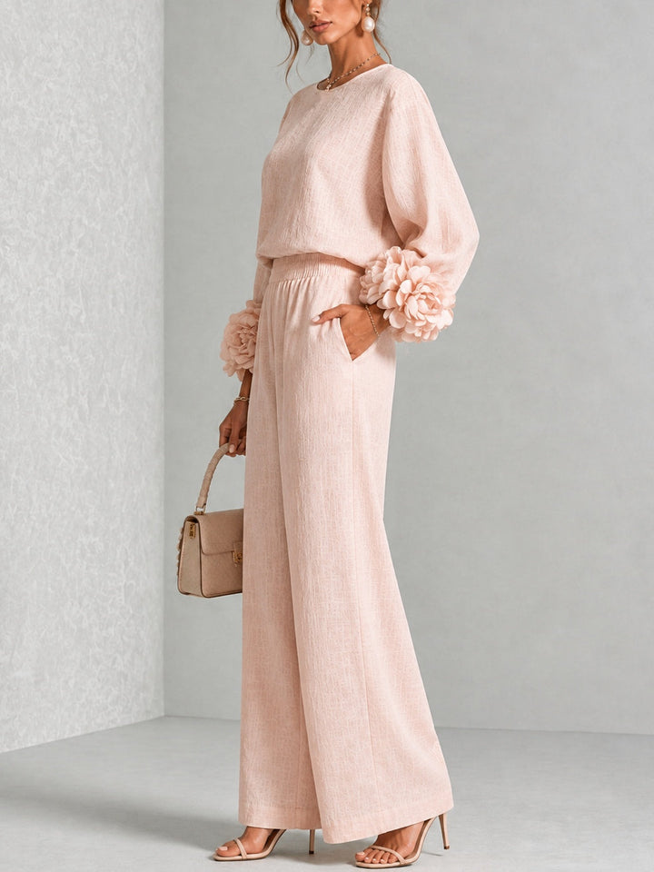 Elegant Two-Piece Set with Statement Sleeves and Wide-Leg Pants 10
