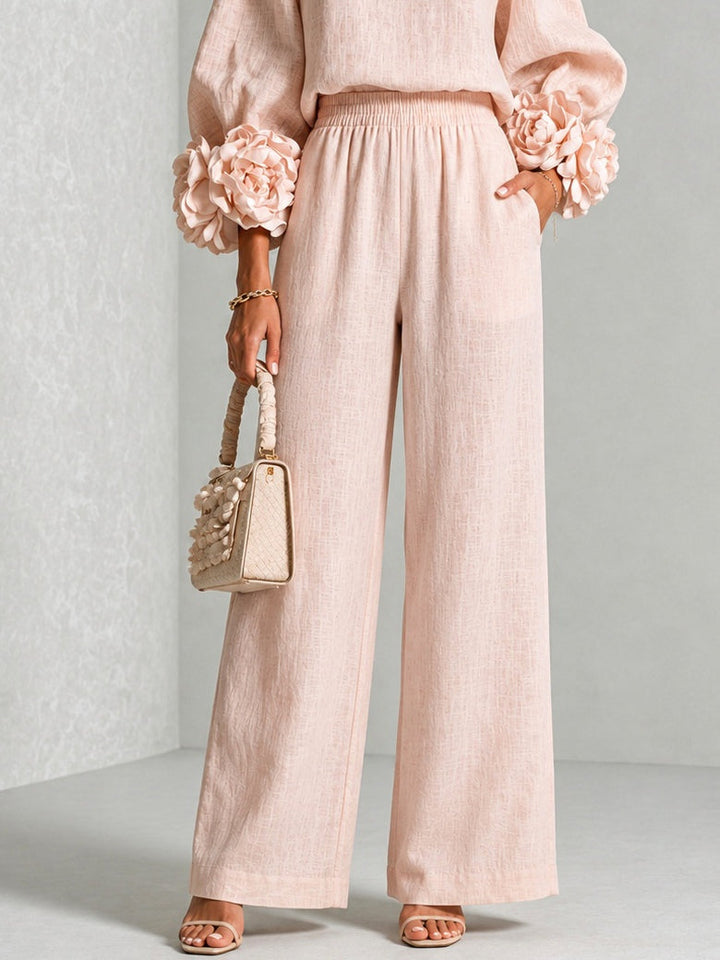 Elegant Two-Piece Set with Statement Sleeves and Wide-Leg Pants 11