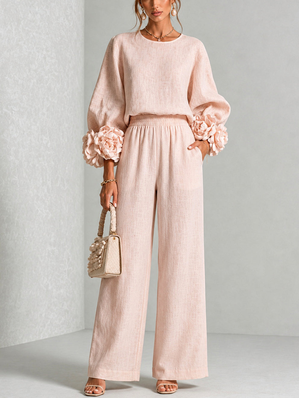 Elegant Two-Piece Set with Statement Sleeves and Wide-Leg Pants 1
