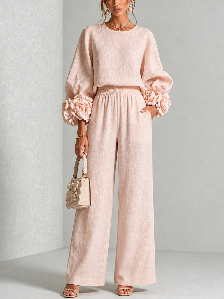 Elegant Two-Piece Set with Statement Sleeves and Wide-Leg Pants 1