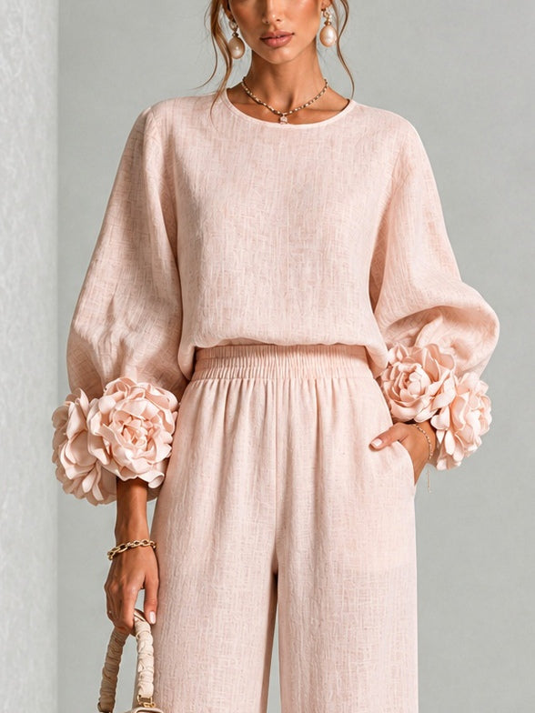 Elegant Two-Piece Set with Statement Sleeves and Wide-Leg Pants 8