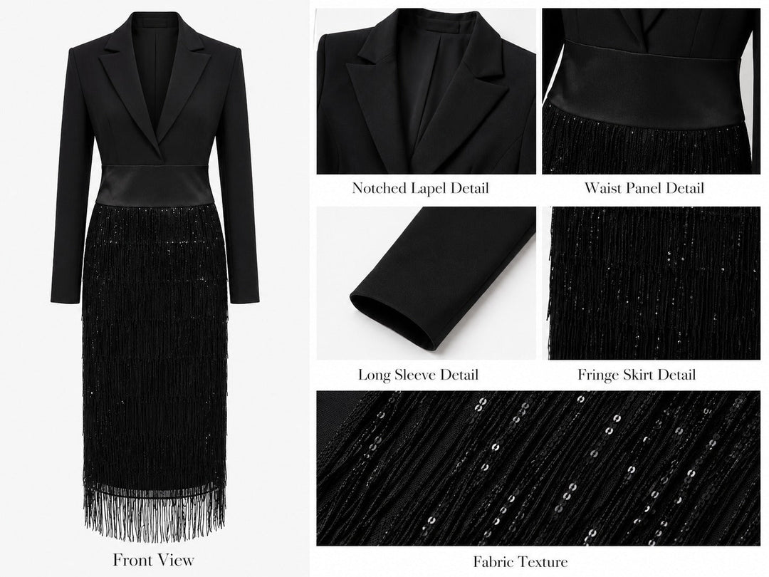 Blazer-Style Sequin Fringe Midi Dress with Satin Waistband 5