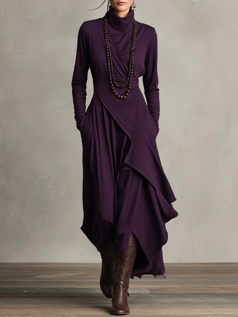 Women's Asymmetric Draped Maxi Dress with Turtleneck 1