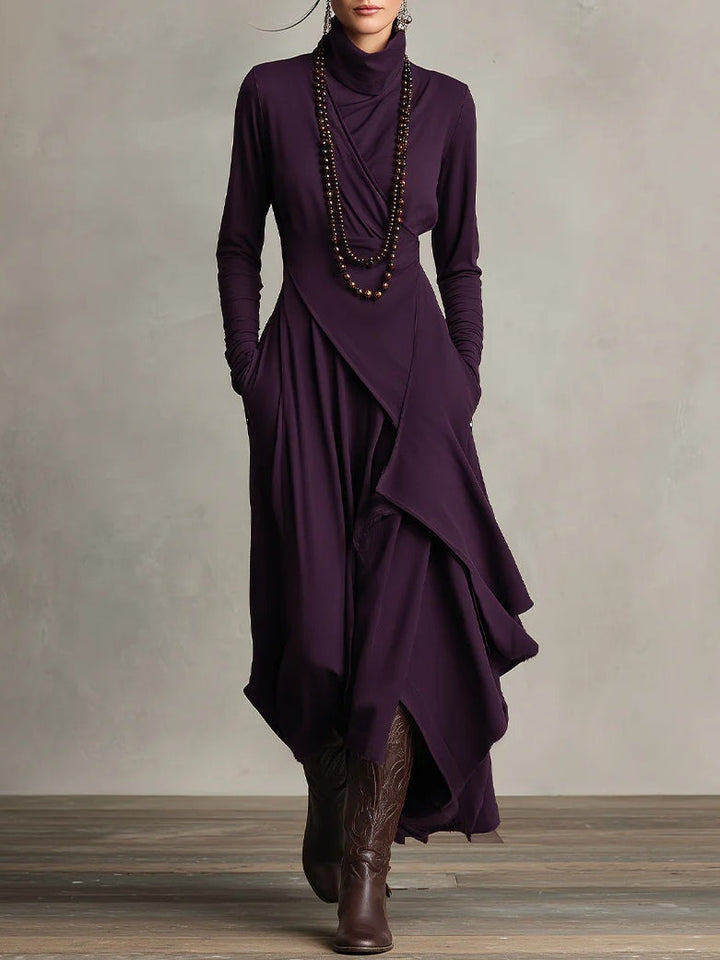 Women's Asymmetric Draped Maxi Dress with Turtleneck 1