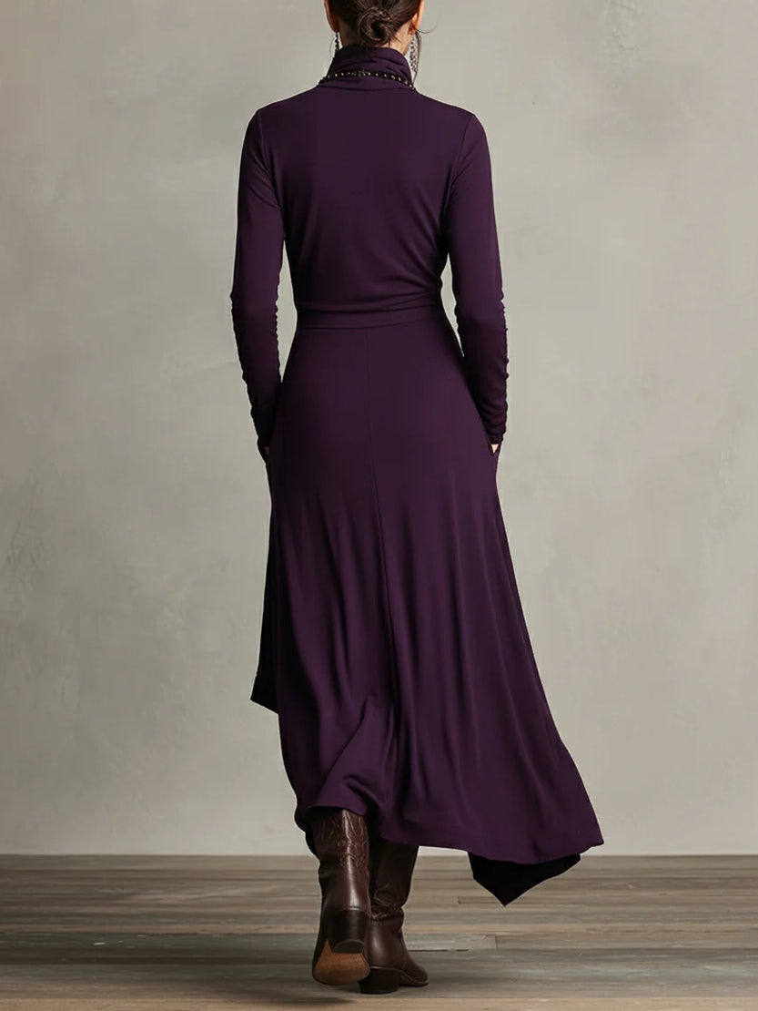 Women's Asymmetric Draped Maxi Dress with Turtleneck 2