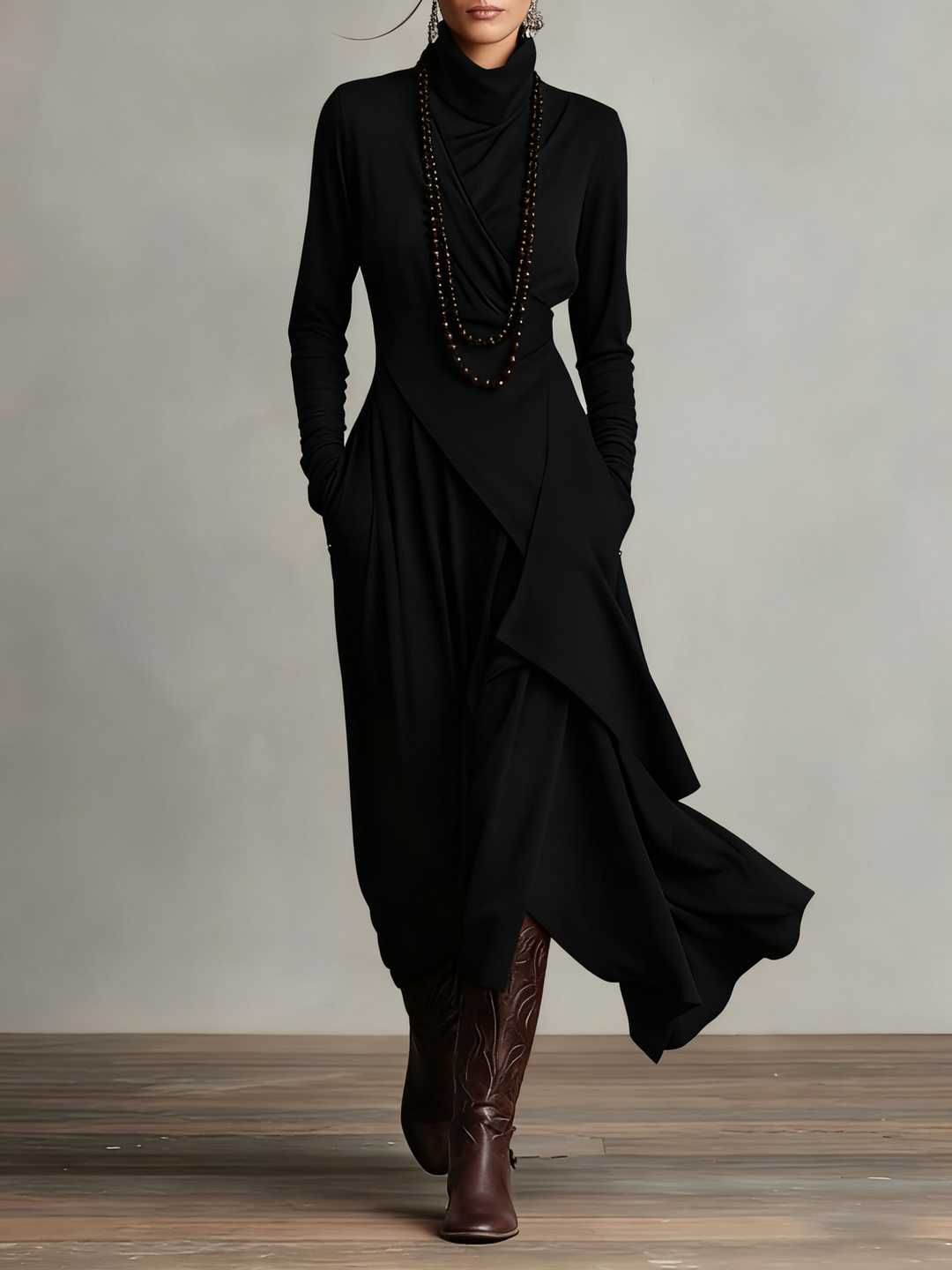 Women's Asymmetric Draped Maxi Dress with Turtleneck 6