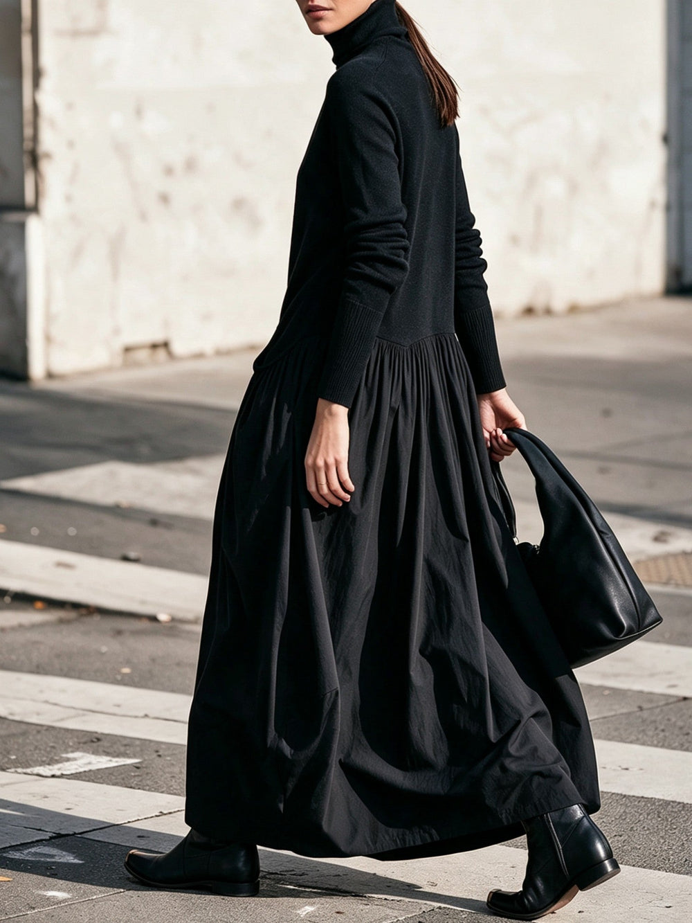 Oversized High-Neck Maxi Dress with Long Sleeves and Pockets 2