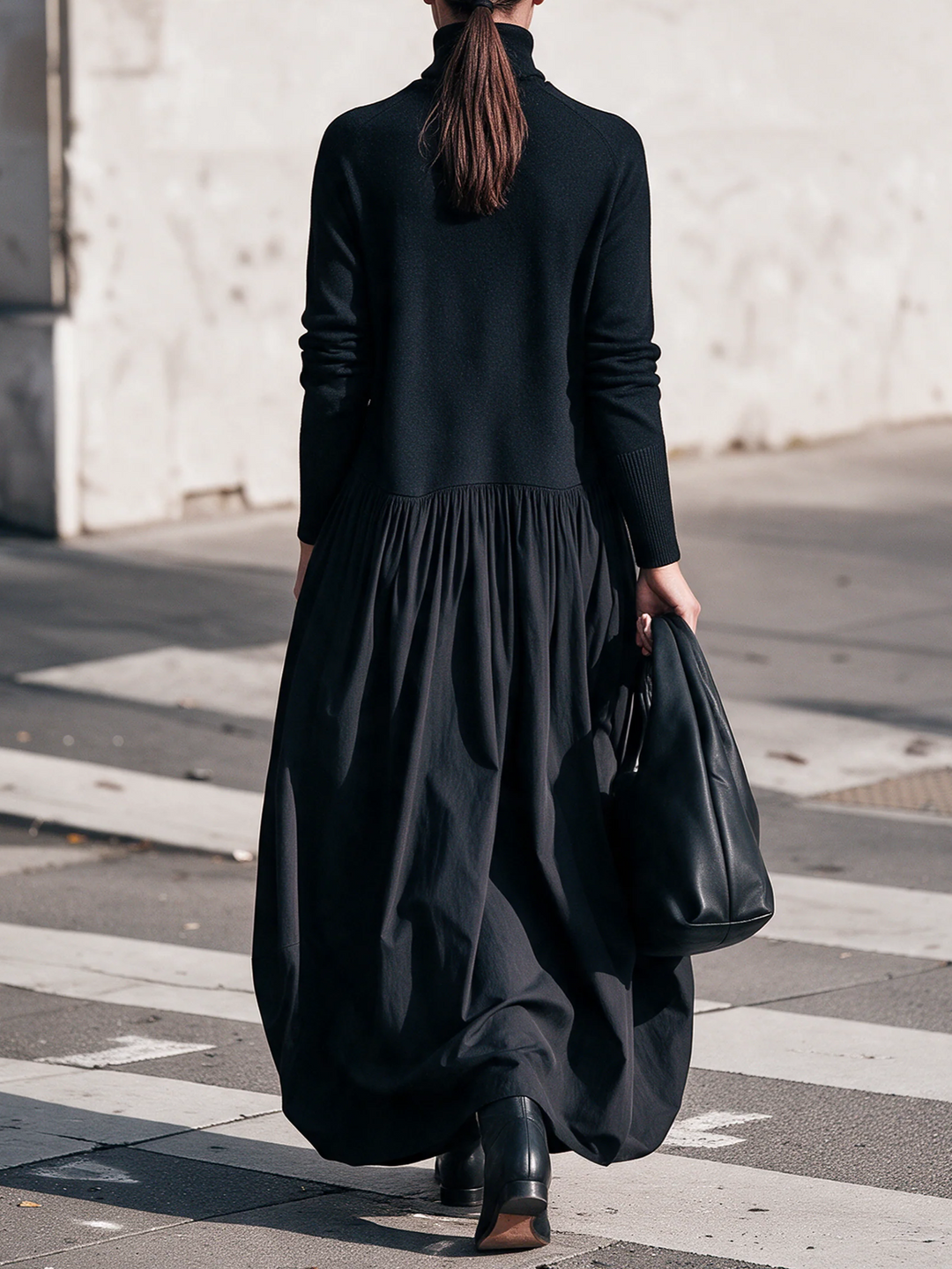 Oversized High-Neck Maxi Dress with Long Sleeves and Pockets 3