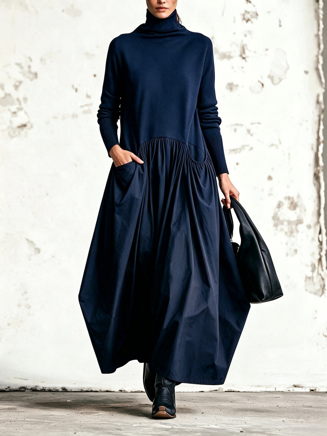 Oversized High-Neck Maxi Dress with Long Sleeves and Pockets 6