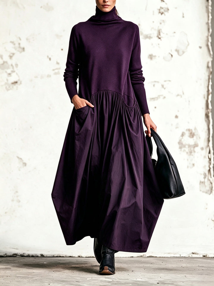 Oversized High-Neck Maxi Dress with Long Sleeves and Pockets 7