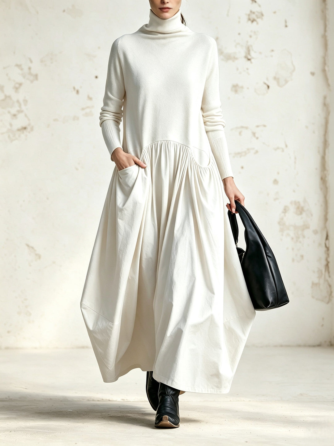 Oversized High-Neck Maxi Dress with Long Sleeves and Pockets 5