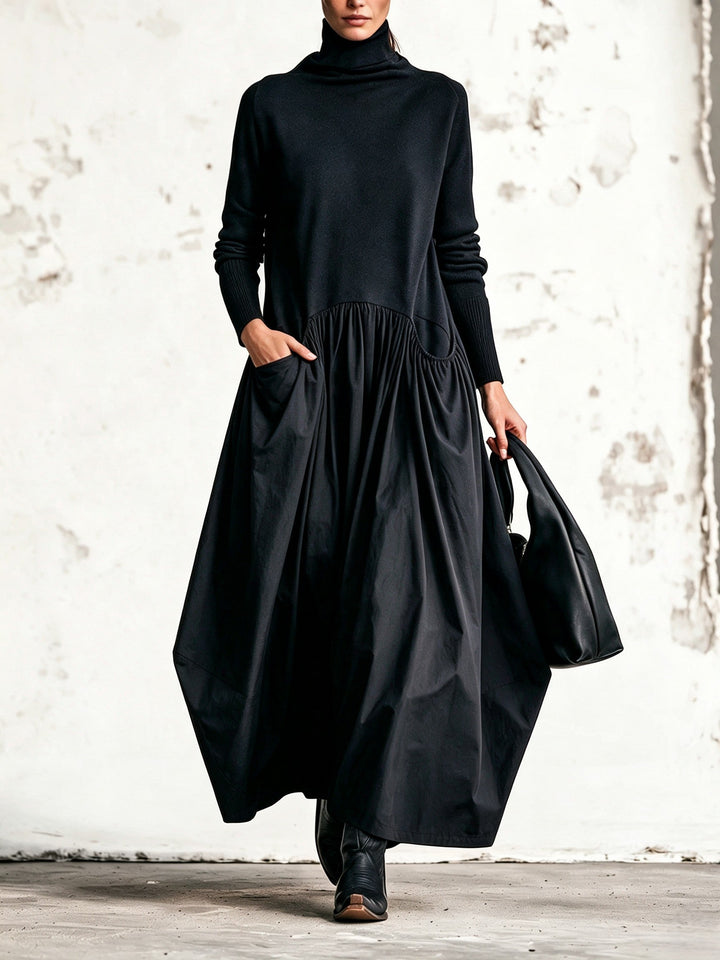 Oversized High-Neck Maxi Dress with Long Sleeves and Pockets 1