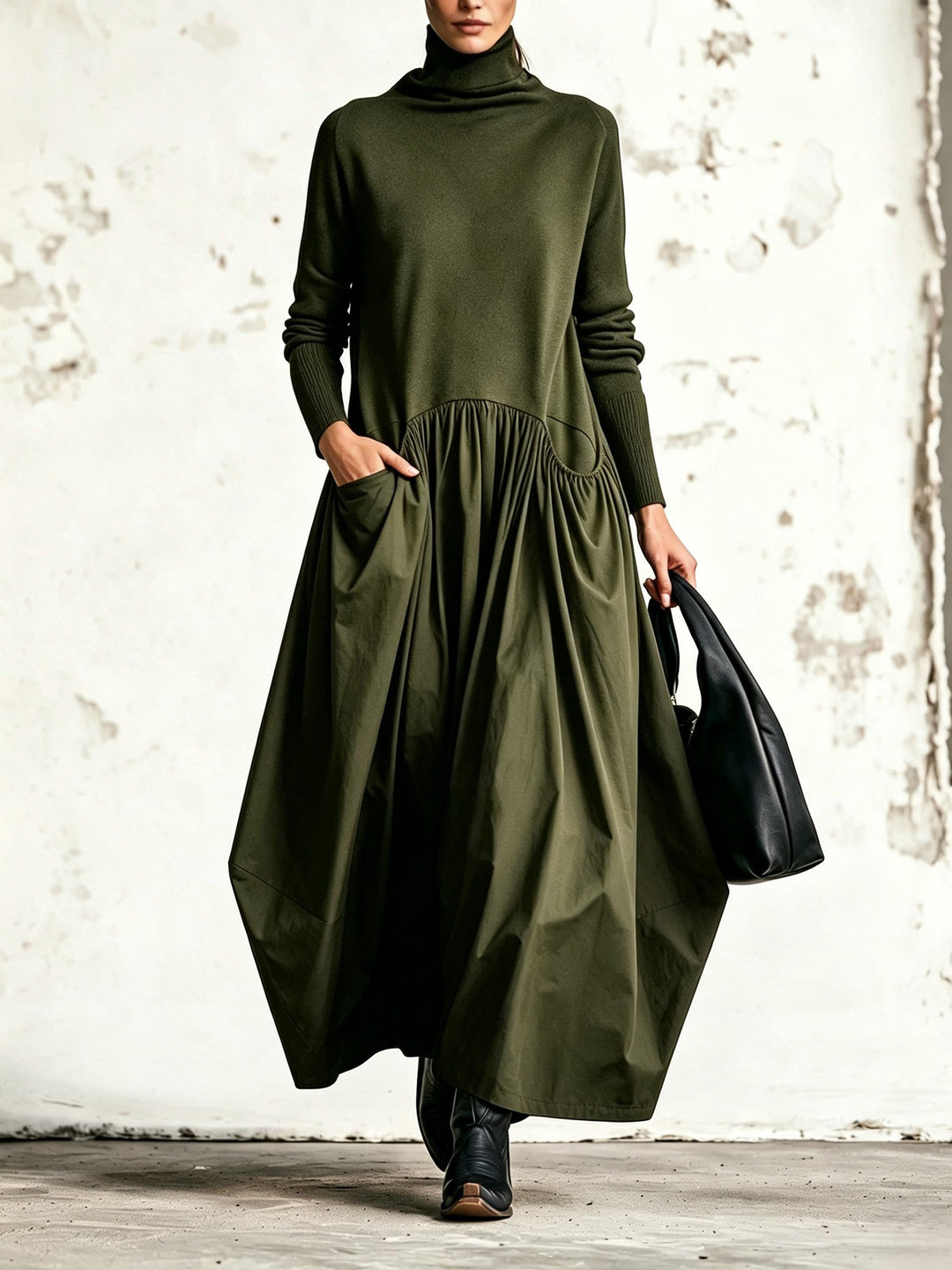 Oversized High-Neck Maxi Dress with Long Sleeves and Pockets 4