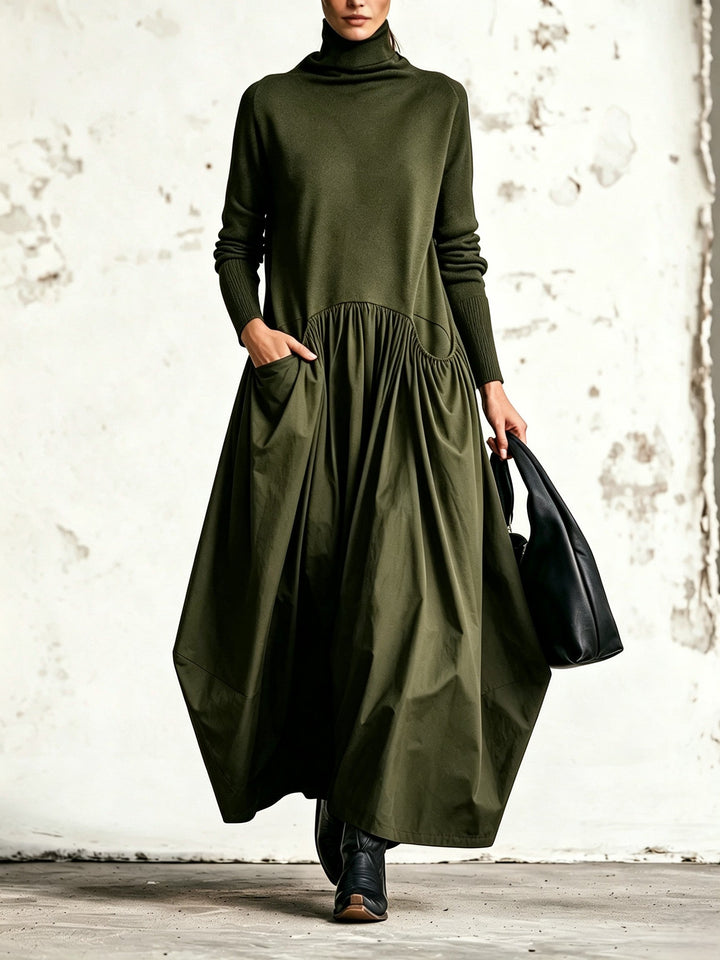 Oversized High-Neck Maxi Dress with Long Sleeves and Pockets 4