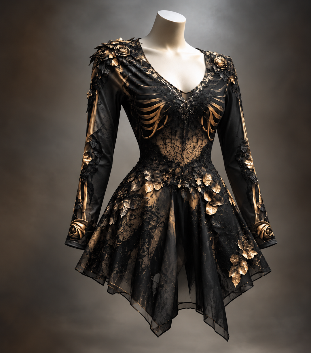 Women's Gothic Long Sleeve V-Neck Mini Dress with Bone and Floral Detail 1