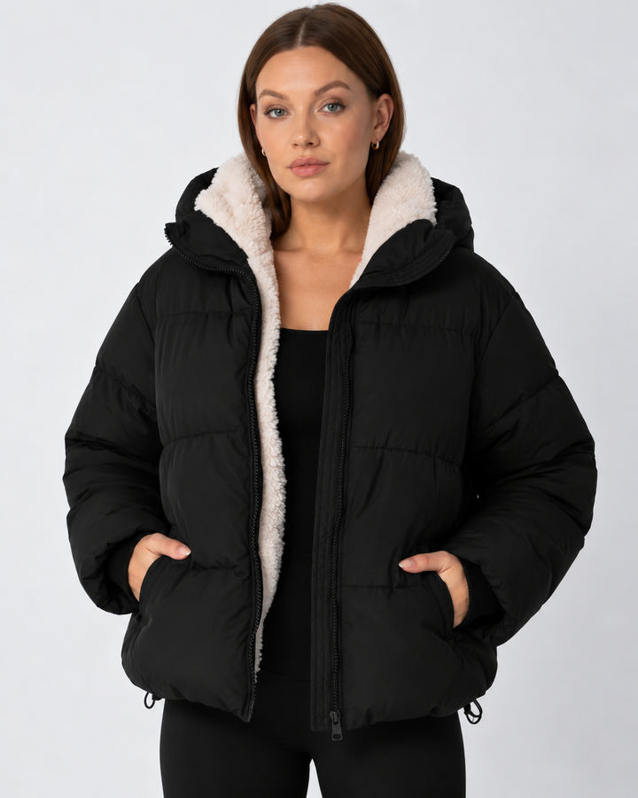 Women's Cropped Padded Puffer Jacket with Detachable Hood and Fleece Lining 11