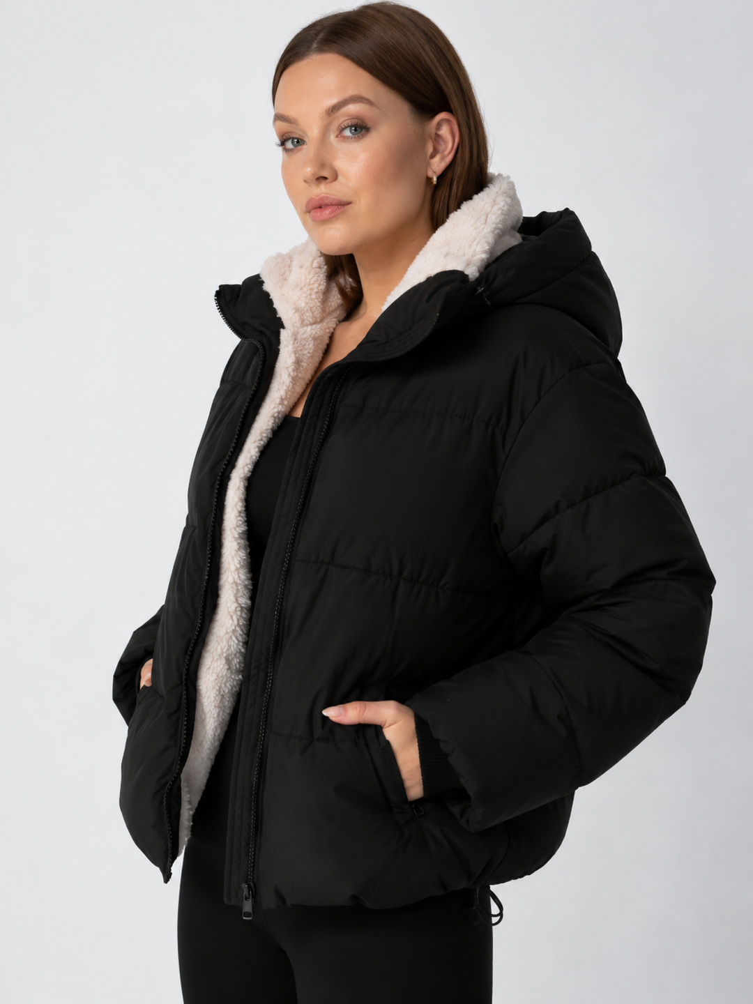 Women's Cropped Padded Puffer Jacket with Detachable Hood and Fleece Lining 12