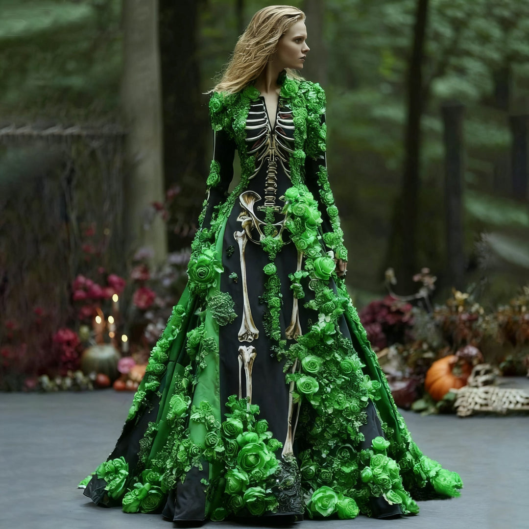 Women's Halloween Skeleton Floral Long Sleeve Maxi Dress for Parties 4