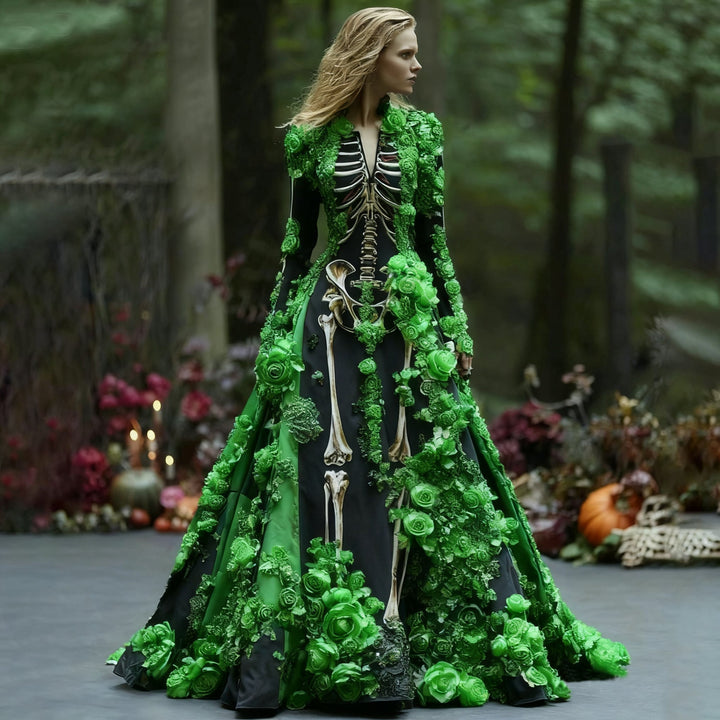 Women's Halloween Skeleton Floral Long Sleeve Maxi Dress for Parties 4
