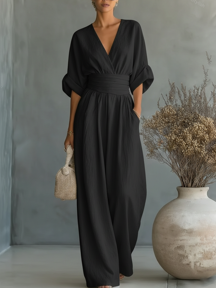 Elegant V-Neck Jumpsuit with High Waist and Wide-Leg Cut 6