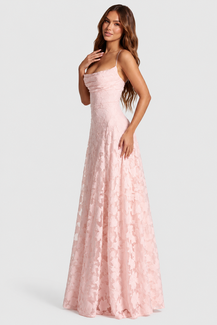 Raised 3D Floral Lace A-Line Midi-Maxi Dress with Draped Neckline 1