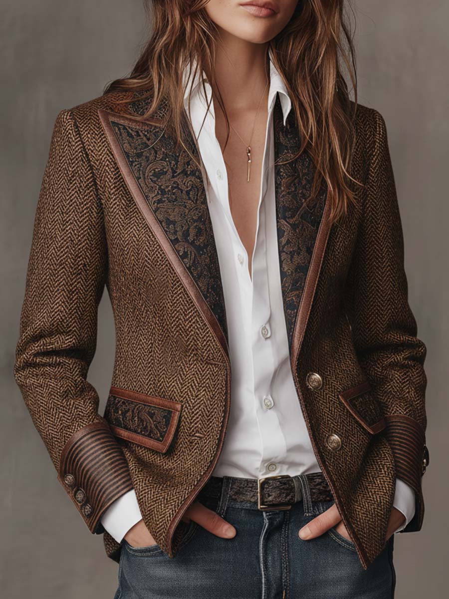 Herringbone Blazer with Patterned Collar and Contrast Lining 1