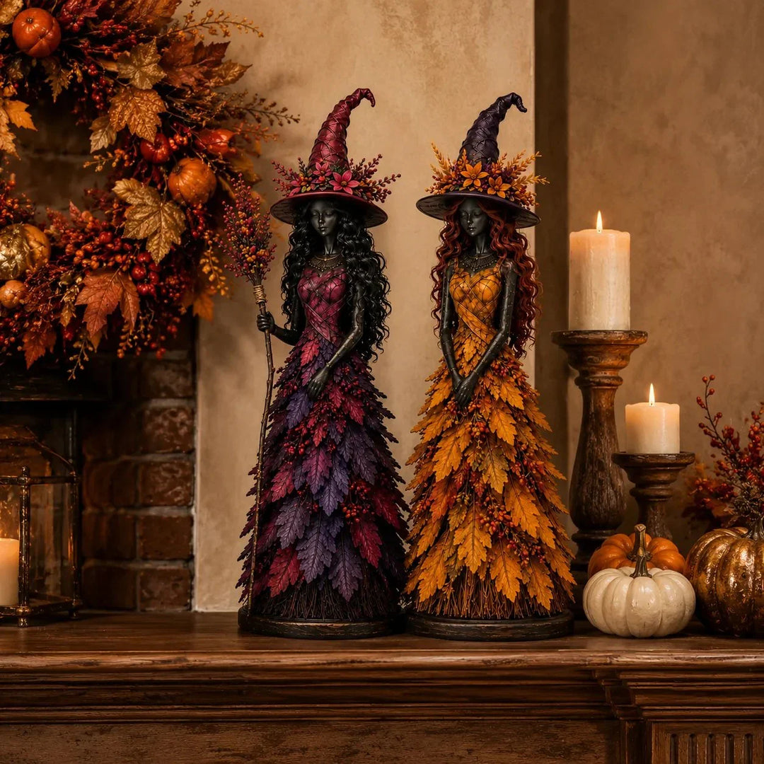Handmade Autumn Witch Figurine with Hand-Painted Leaf Details 5