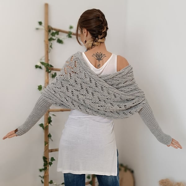 Double Sleeve Wrap Scarf - Cozy Knit Shawl with Built-In Sleeves 9