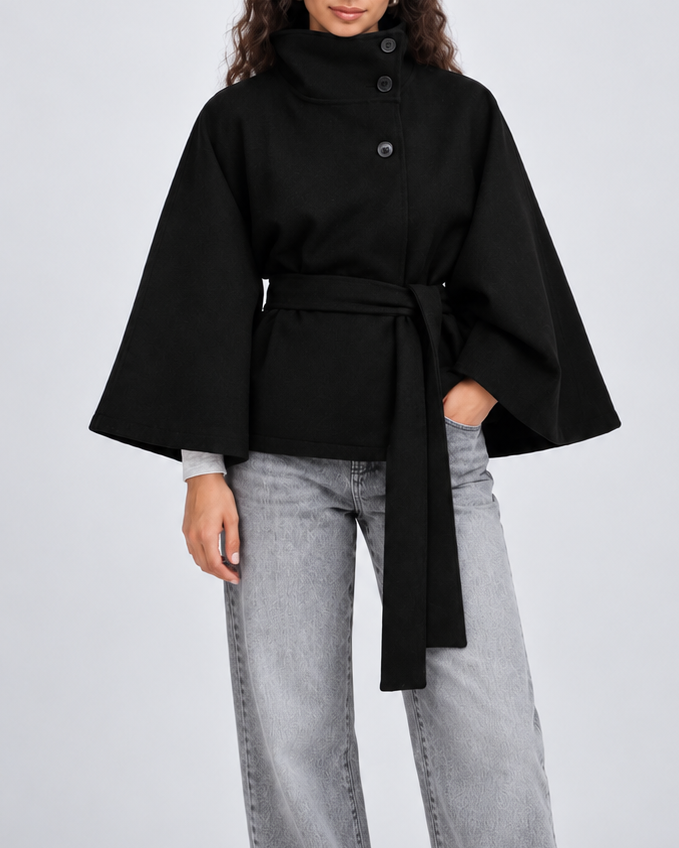 Women's Wool Blend Belted Cape Coat with High Collar and Button Front 6