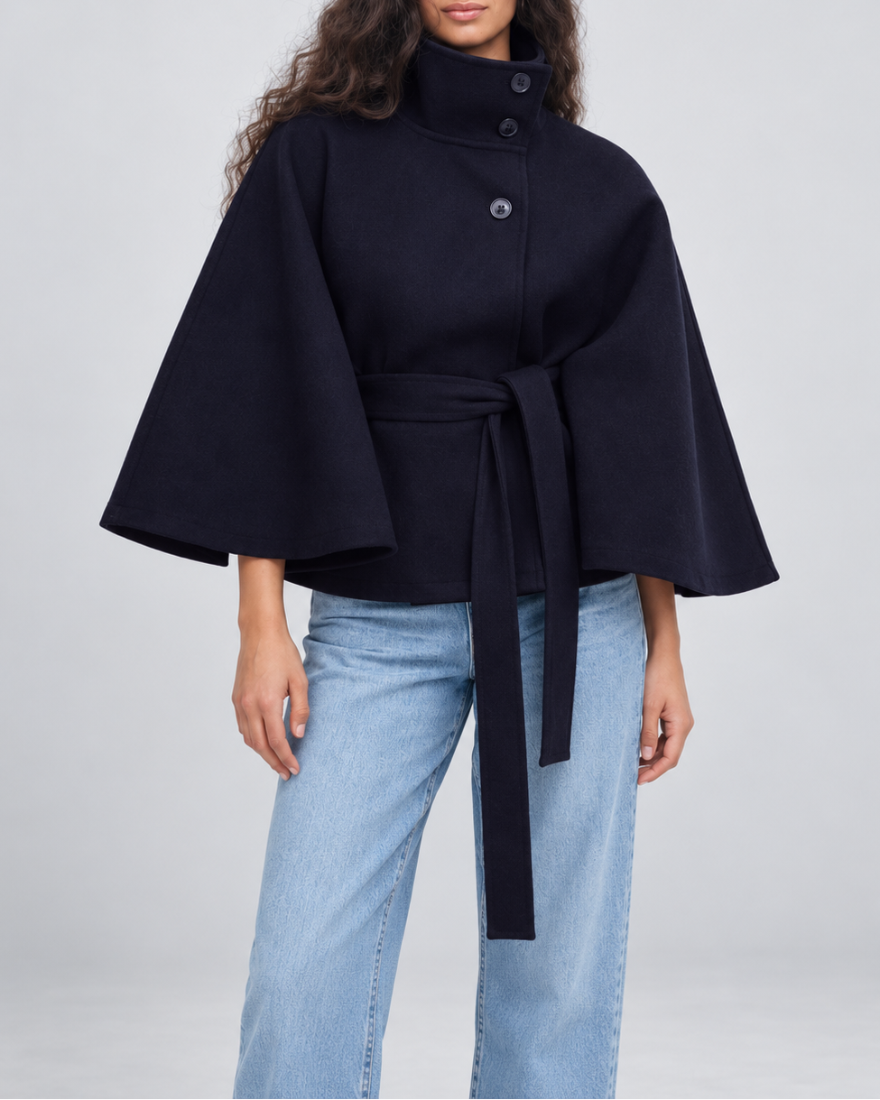 Women's Wool Blend Belted Cape Coat with High Collar and Button Front 12