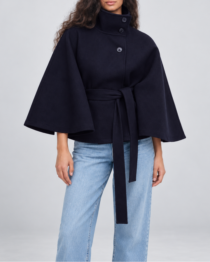 Women's Wool Blend Belted Cape Coat with High Collar and Button Front 12