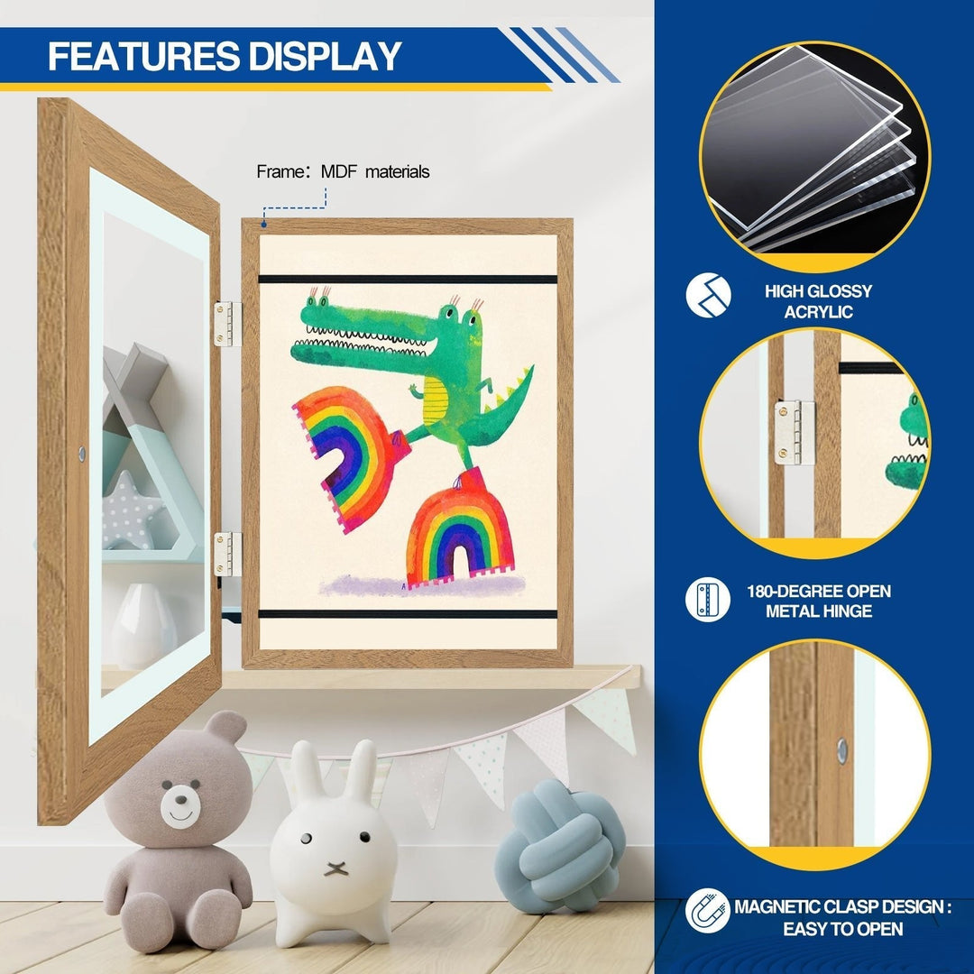 Kids Art Frame with Hinged Opening for A4 Drawings, Holds Up to 150 Pieces, MDF and Tempered Glass 18