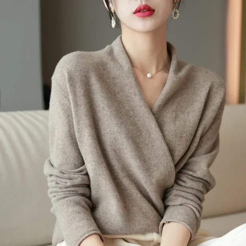 Women's Elegant Cashmere Wrap Front Sweater 9