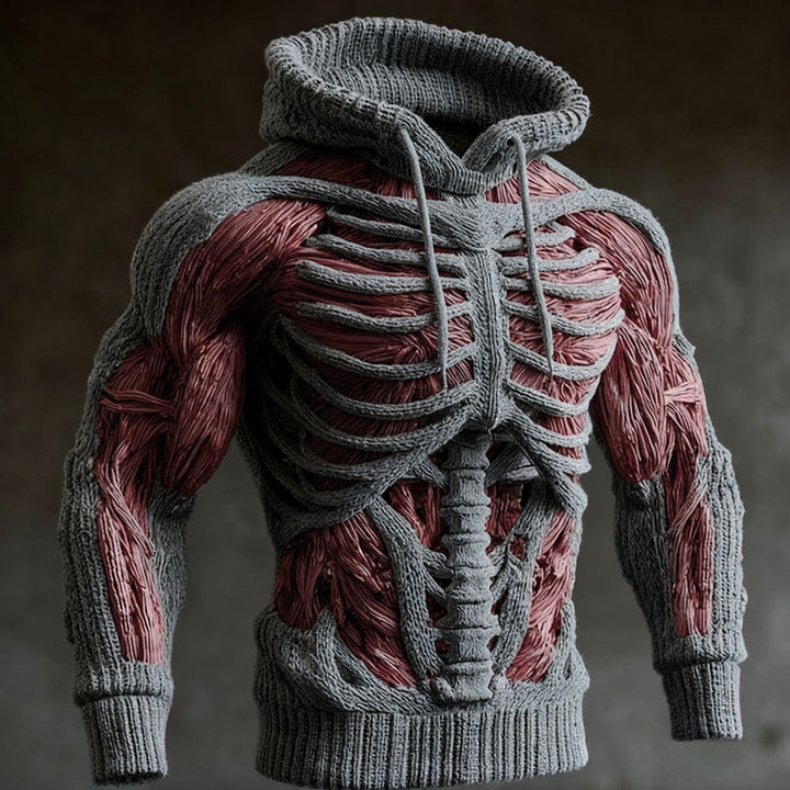 Men's Halloween Knit Hoodie with 3D Skeleton Design, Long Sleeve 1