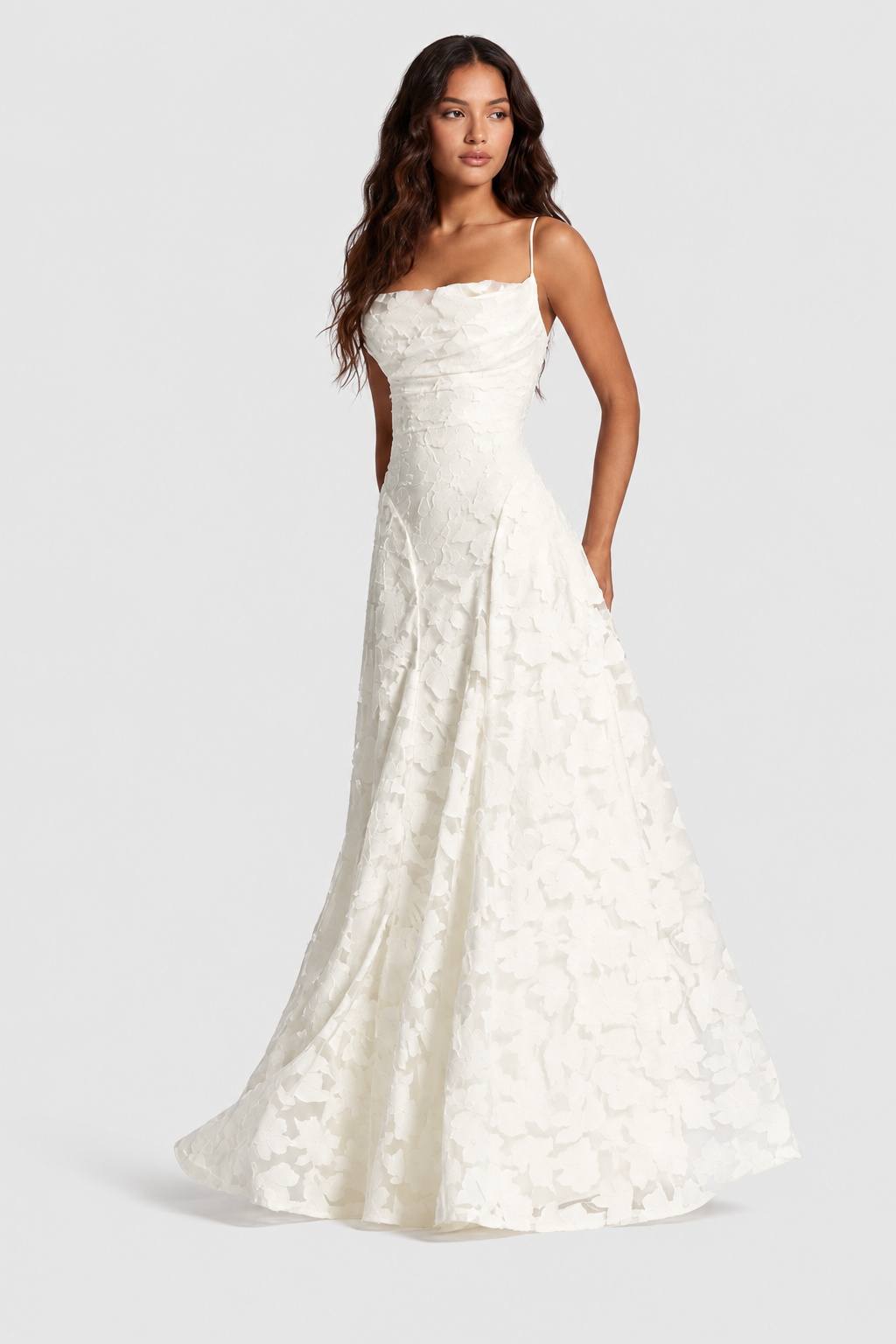 Raised 3D Floral Lace A-Line Midi-Maxi Dress with Draped Neckline 19