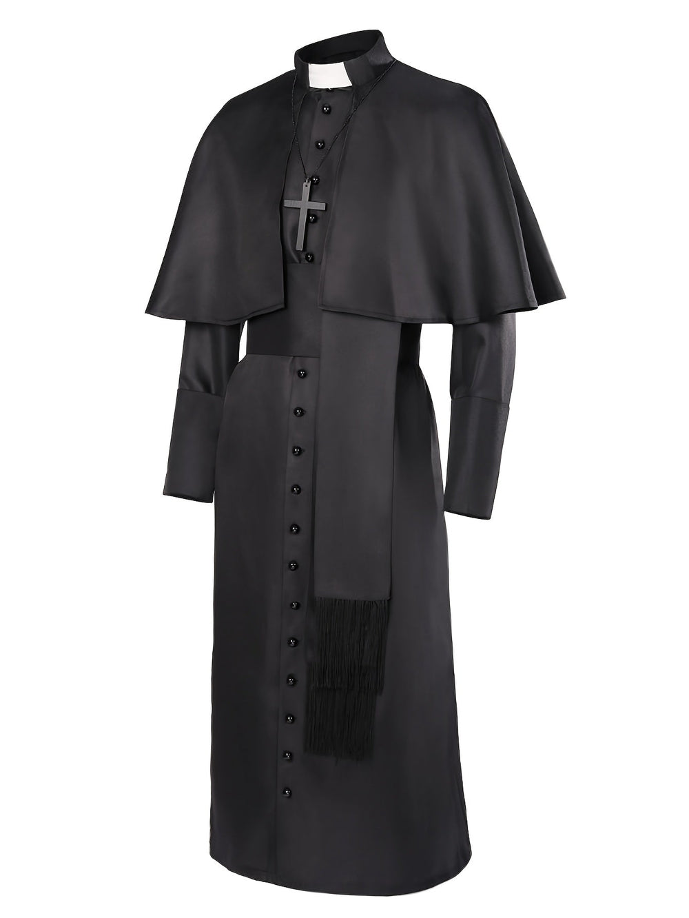 Men's Halloween Priest Costume with Long Robe, Cape and Cross 2