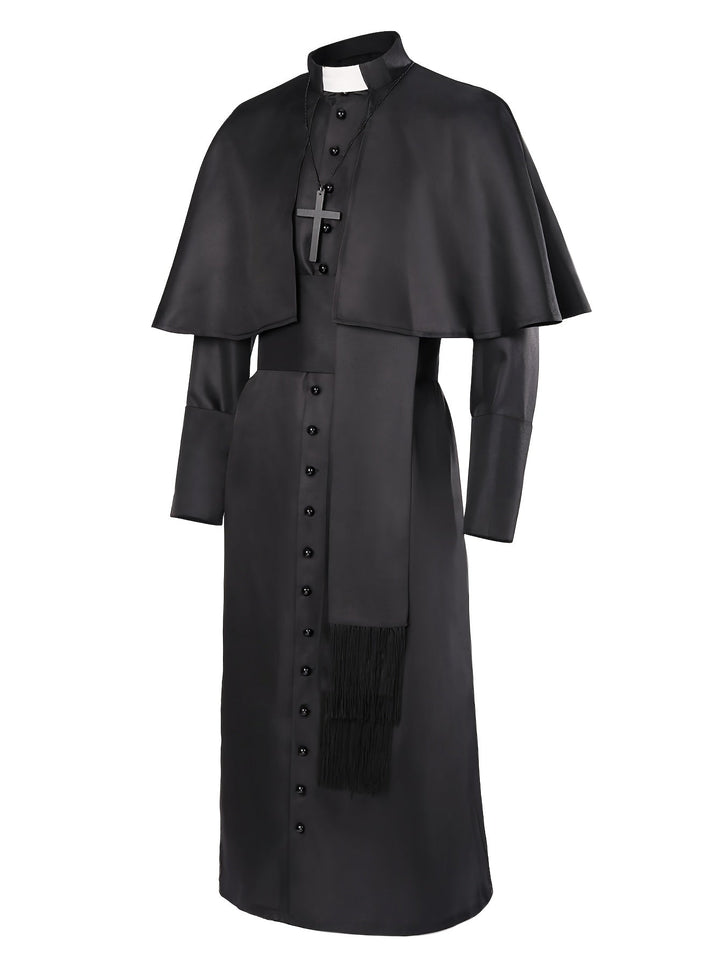 Men's Halloween Priest Costume with Long Robe, Cape and Cross 2