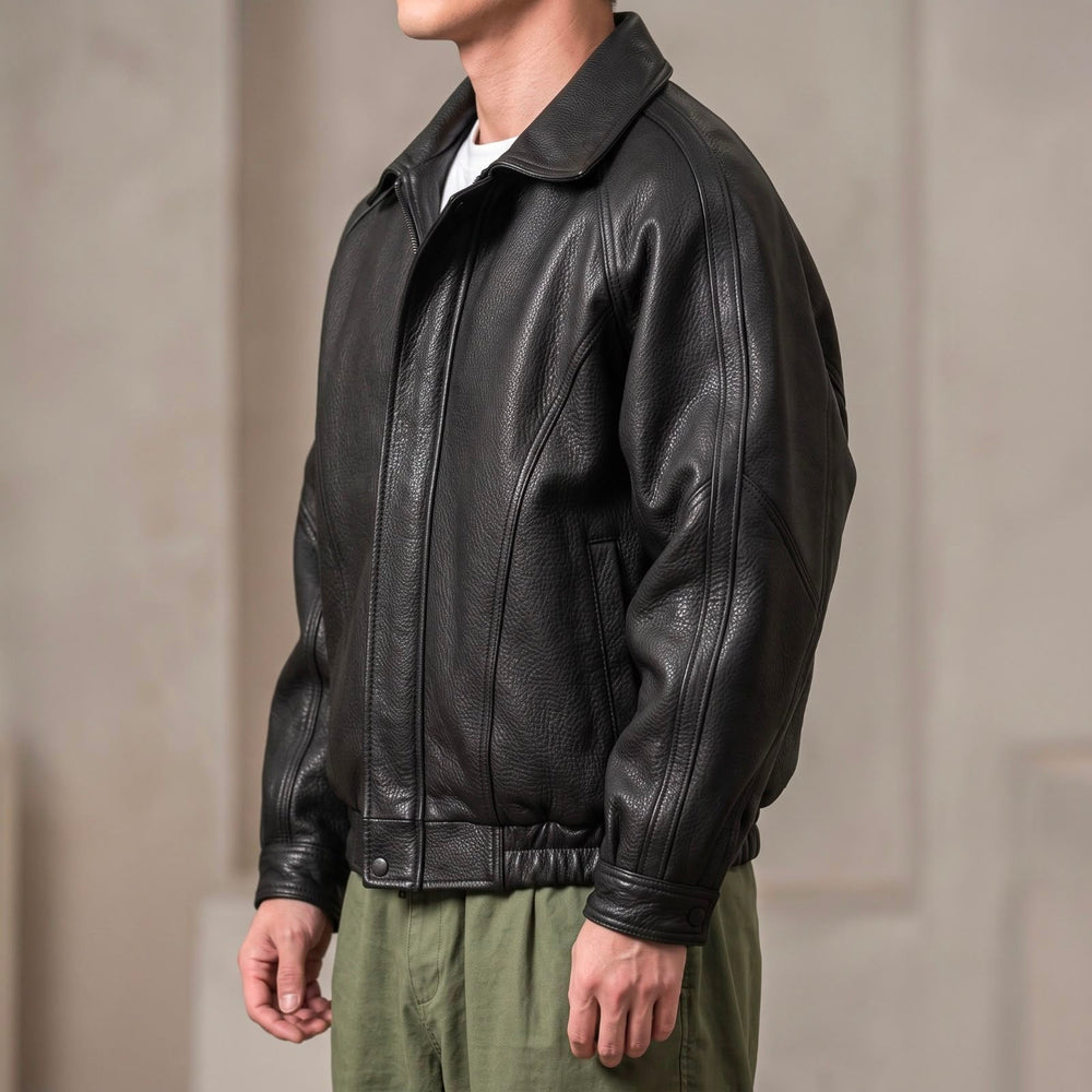 Men's Leather Zip Jacket – Structured Collared Layer for Spring/Fall 2