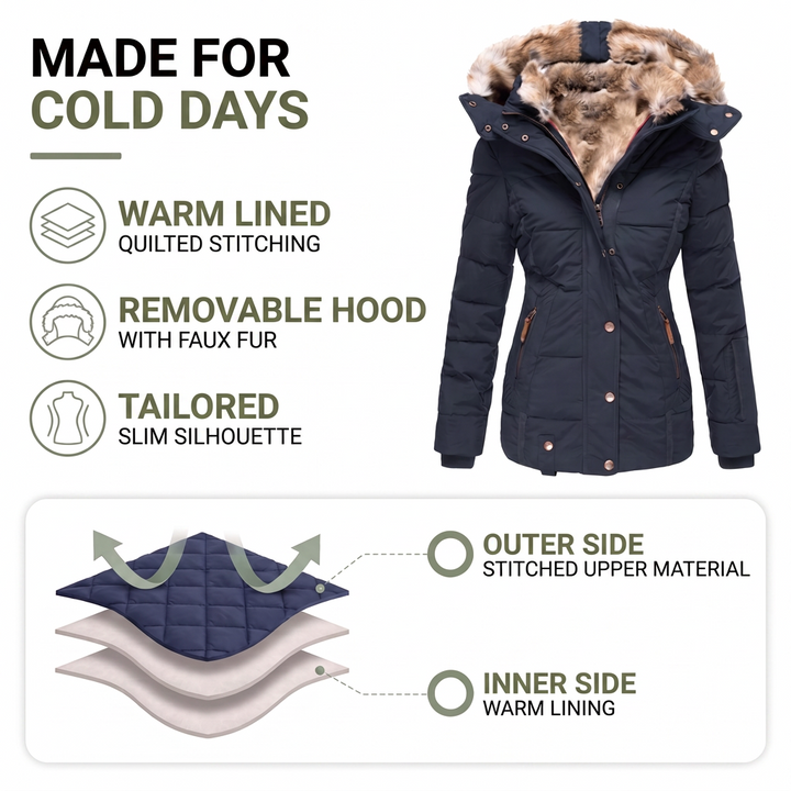 Women's Waterproof Winter Coat, Fitted Quilted Parka with Detachable Faux Fur Hood 2