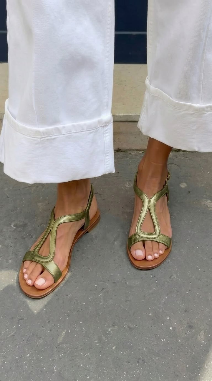 Women's Metallic Leather Open Strap Flat Sandals 6