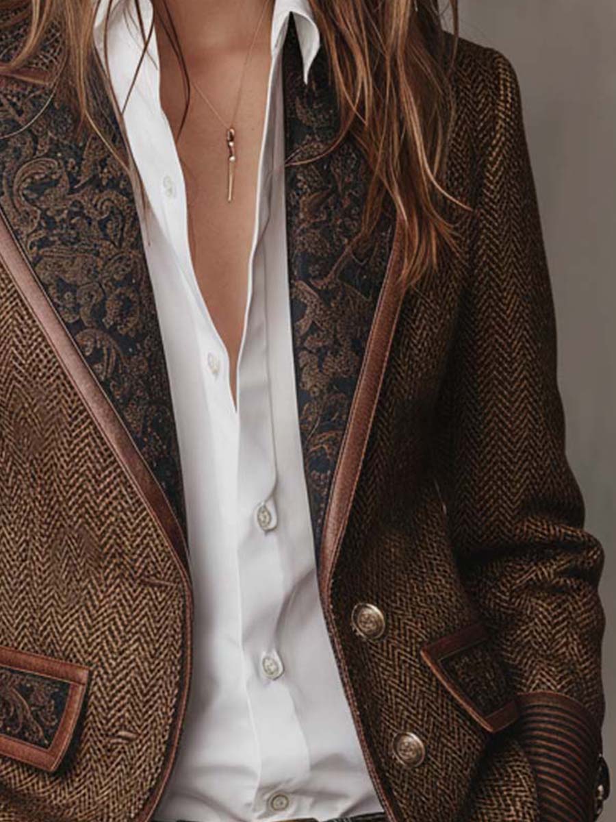 Herringbone Blazer with Patterned Collar and Contrast Lining 7