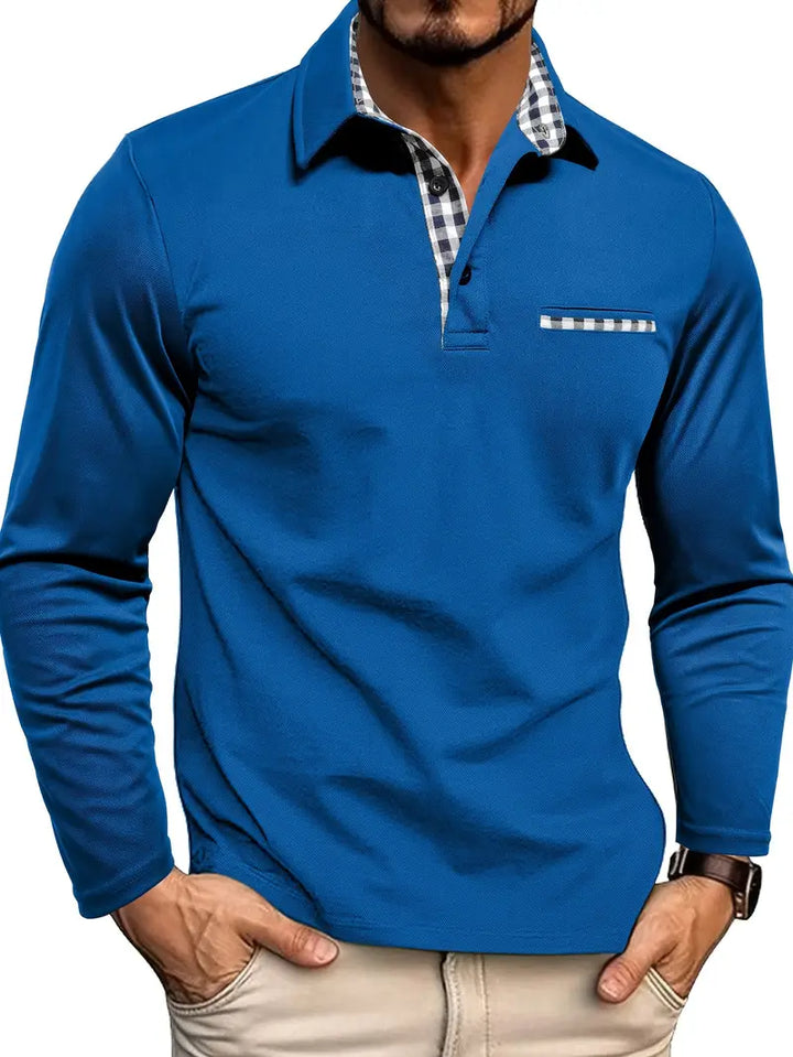 Men's Elegant Long Sleeve Polo Shirt with Subtle Plaid Details 5