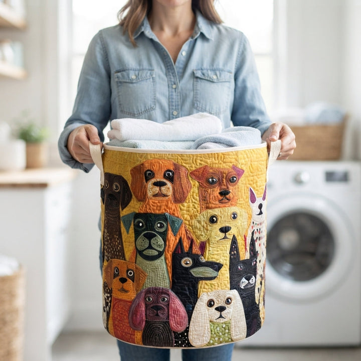Quilted Fabric Laundry Basket with Canvas Handles, Self-Standing and Foldable 4