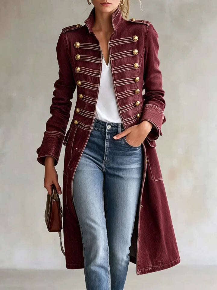 Women's Long Military Style Double-Breasted Coat with Officer Collar 11