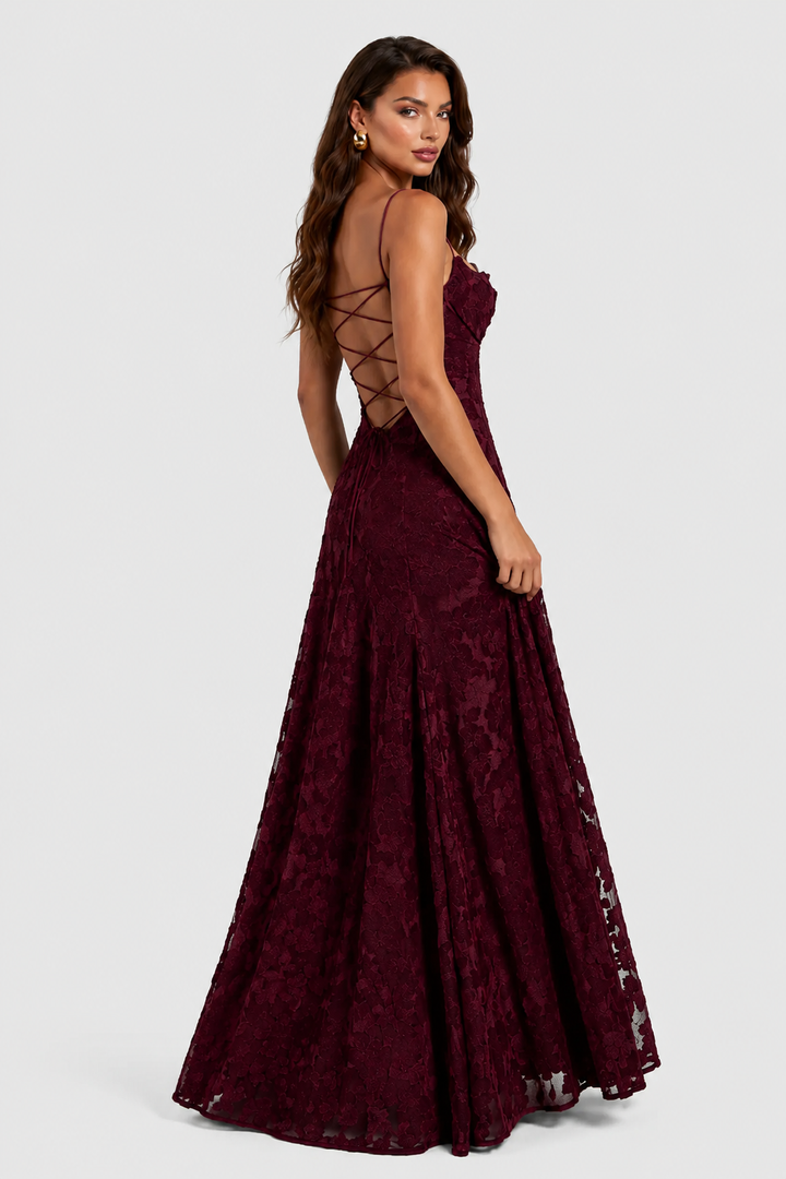 Raised 3D Floral Lace A-Line Midi-Maxi Dress with Draped Neckline 3